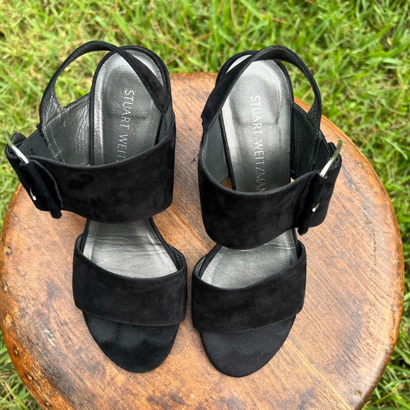 Women’s Stuart Weitzman Black Block Heel Buckle Style Suede Sandal SIZE 7 - Picture 2 of 11